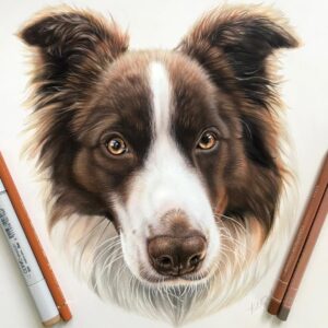 نقاشی چهره سگ سفید و قهوه‌ای با استفاده از مداد رنگی