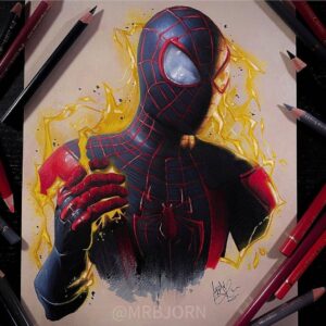 نقاشی مرد عنکبوتی مشکی با استفاده از مداد رنگی